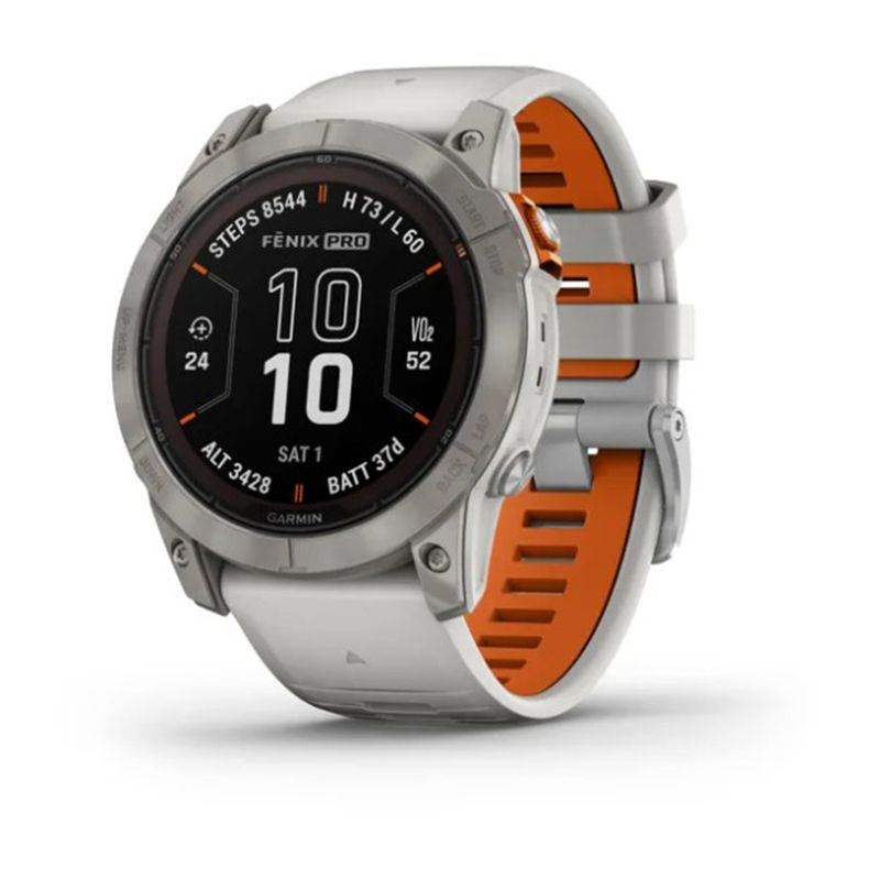 Relógio Garmin Fenix 7X Pro Safira Solar Titânio c/ pulseira Cinza/Laranja com Monitor Cardíaco de Pulso e GPS