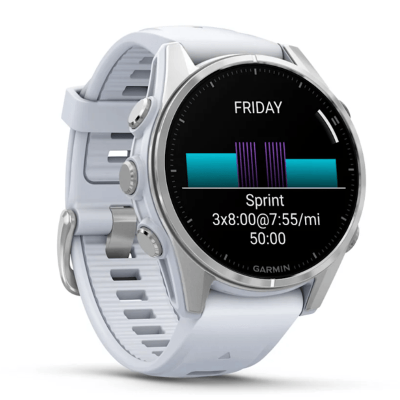 Relogio-Garmin-Fenix-8S-Prata-com-Pulseira-de-Silicone-Branca