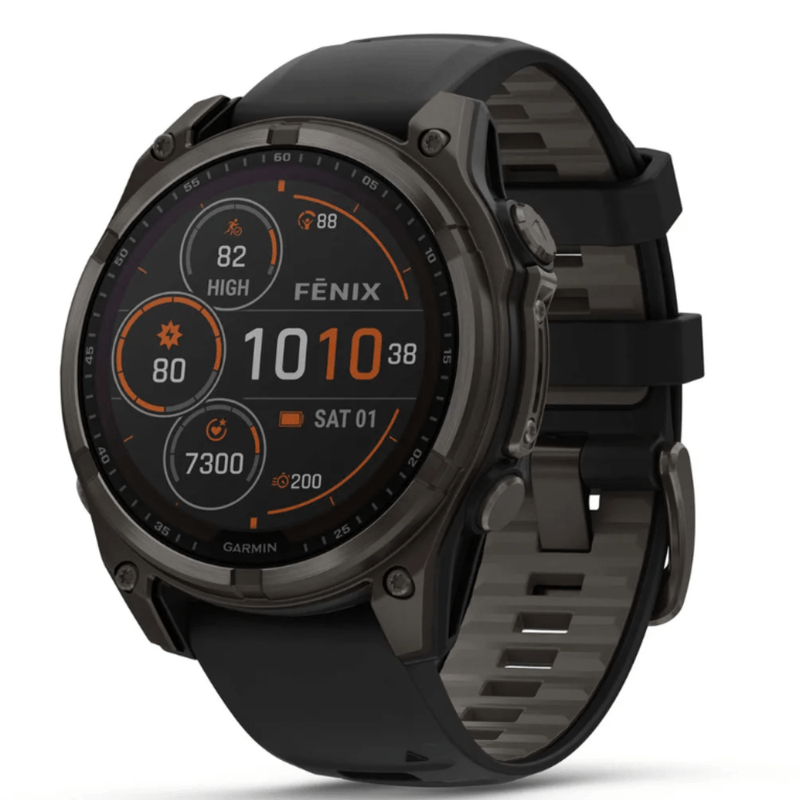 Relogio-Garmin-Fenix-8-Safira-Carbon-Gray-DLC-Titanio-com-Pulseira-de-Silicone-Preta-com-Cinza
