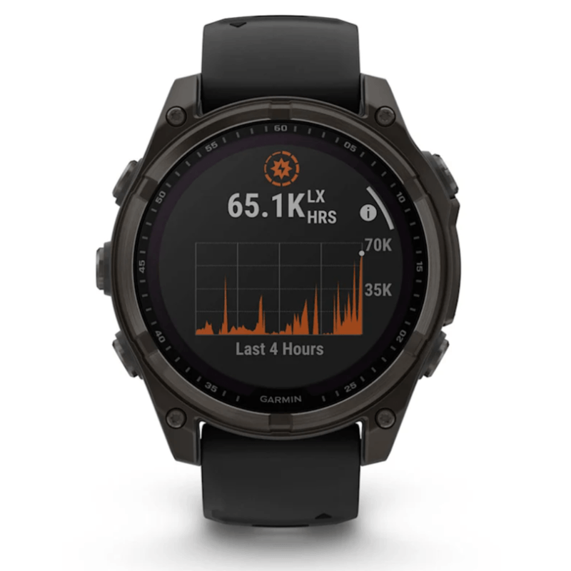 Relogio-Garmin-Fenix-8-Safira-Carbon-Gray-DLC-Titanio-com-Pulseira-de-Silicone-Preta-com-Cinza