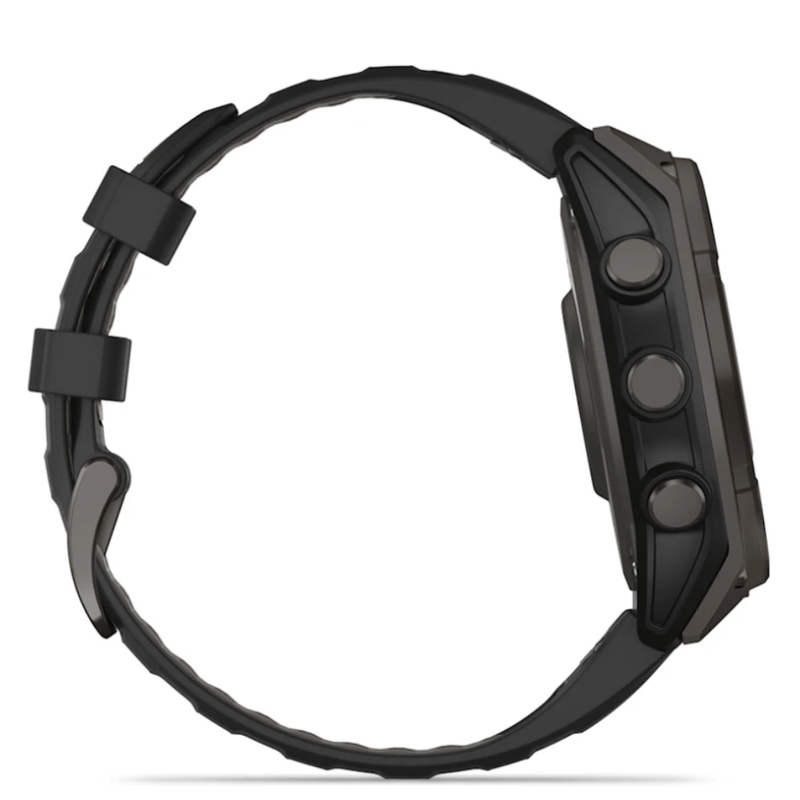 Relogio-Garmin-Fenix-8-Safira-Carbon-Gray-DLC-Titanio-com-Pulseira-de-Silicone-Preta-com-Cinza