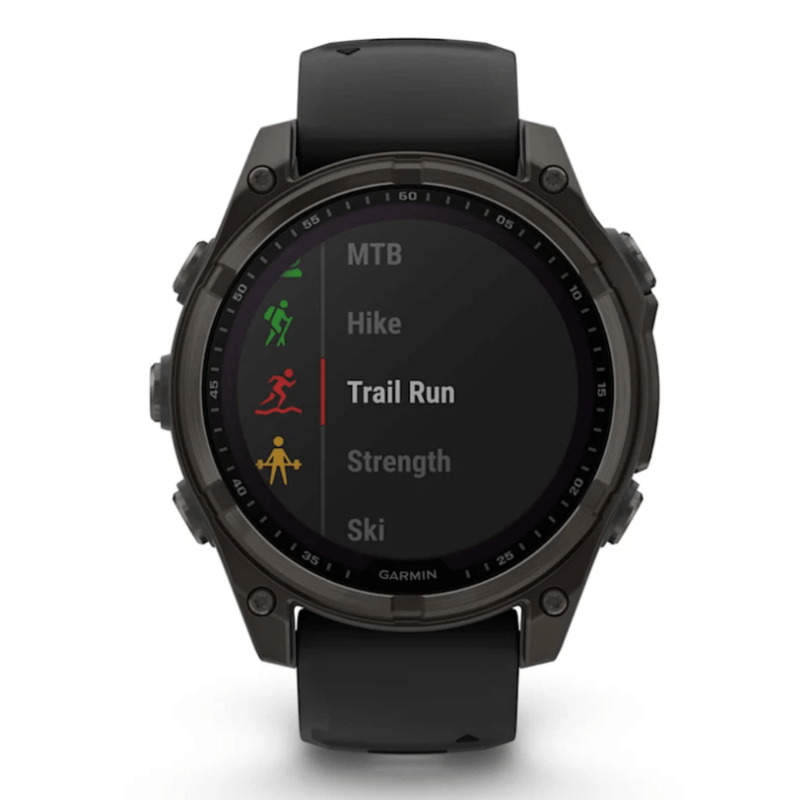 Relogio-Garmin-Fenix-8-Safira-Carbon-Gray-DLC-Titanio-com-Pulseira-de-Silicone-Preta-com-Cinza