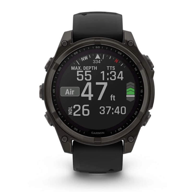 Relogio-Garmin-Fenix-8-Safira-Carbon-Gray-DLC-Titanio-com-Pulseira-de-Silicone-Preta-com-Cinza