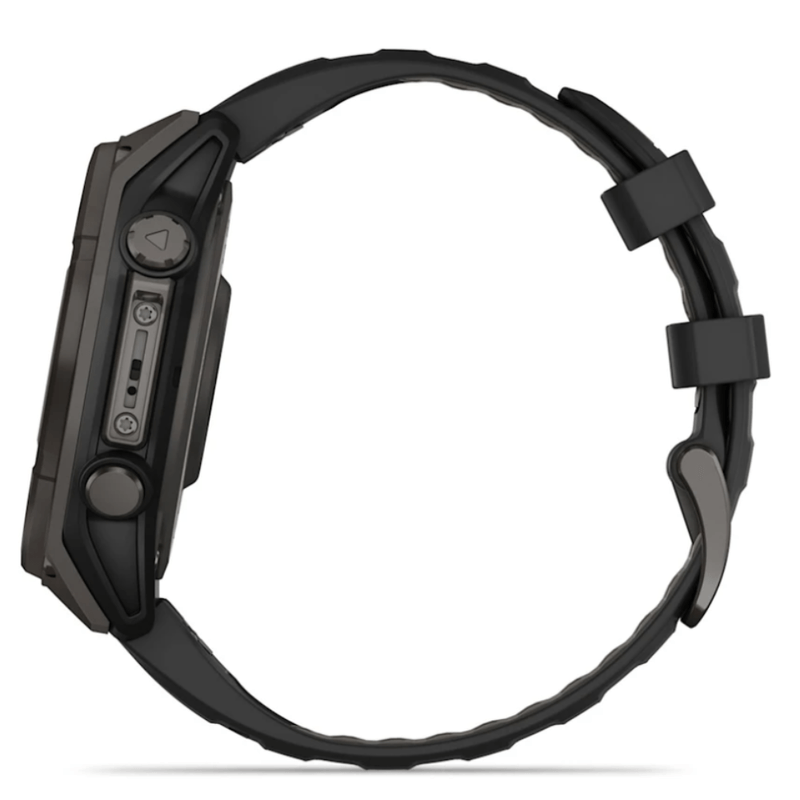 Relogio-Garmin-Fenix-8-Safira-Carbon-Gray-DLC-Titanio-com-Pulseira-de-Silicone-Preta-com-Cinza