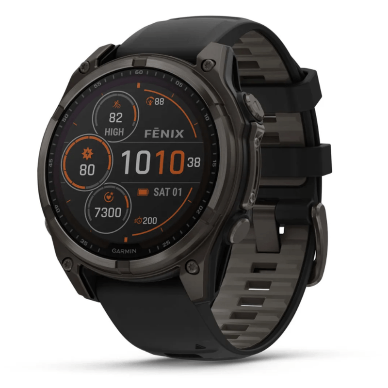 Relogio-Garmin-Fenix-8-Safira-Solar-Carbon-Gray-DLC-Titanio-com-Pulseira-de-Silicone-Preta-com-Cinza