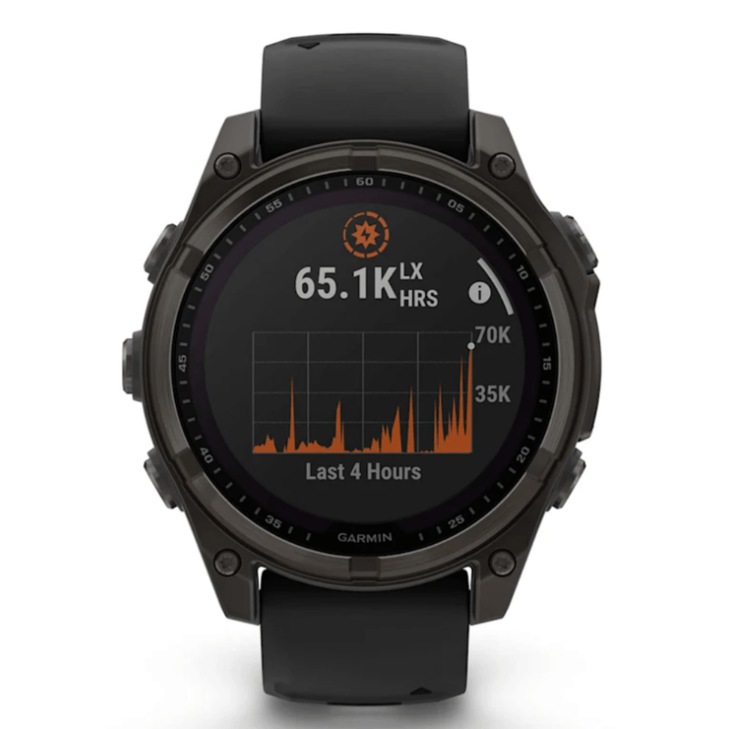 Relogio-Garmin-Fenix-8-Safira-Solar-Carbon-Gray-DLC-Titanio-com-Pulseira-de-Silicone-Preta-com-Cinza