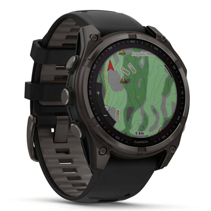Relogio-Garmin-Fenix-8-Safira-Solar-Carbon-Gray-DLC-Titanio-com-Pulseira-de-Silicone-Preta-com-Cinza