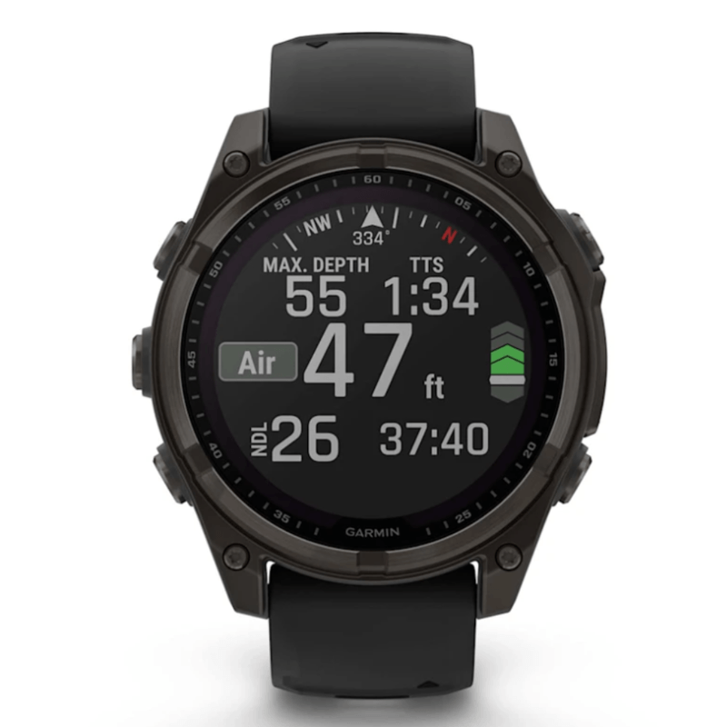 Relogio-Garmin-Fenix-8-Safira-Solar-Carbon-Gray-DLC-Titanio-com-Pulseira-de-Silicone-Preta-com-Cinza