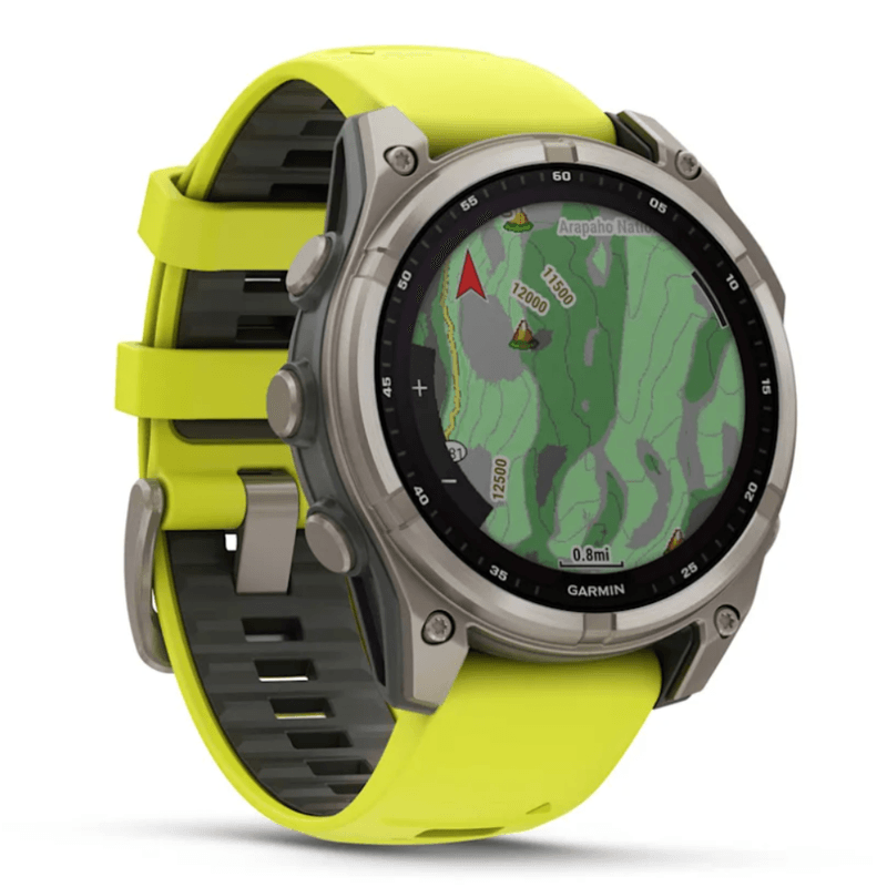 Relogio-Garmin-Fenix-8-Safira-Solar-Titanio-com-Pulseira-de-Silicone-Amarelo-com-Grafite