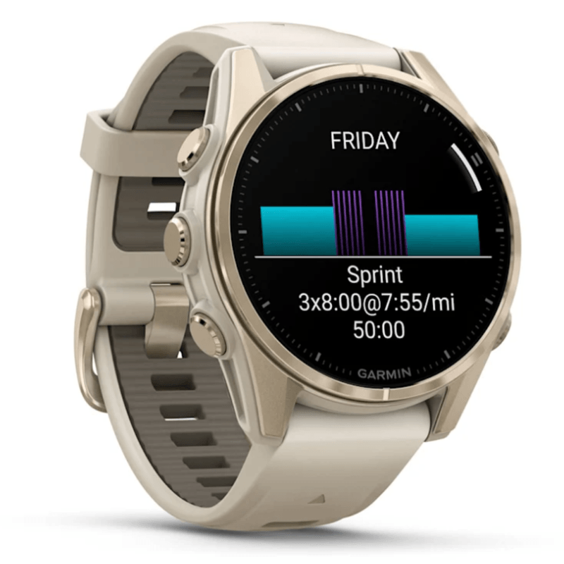 Relogio-Garmin-Fenix-8S-Safira-Ouro-Suave-com-Pulseira-de-Silicone-Cinza-com-Arenito