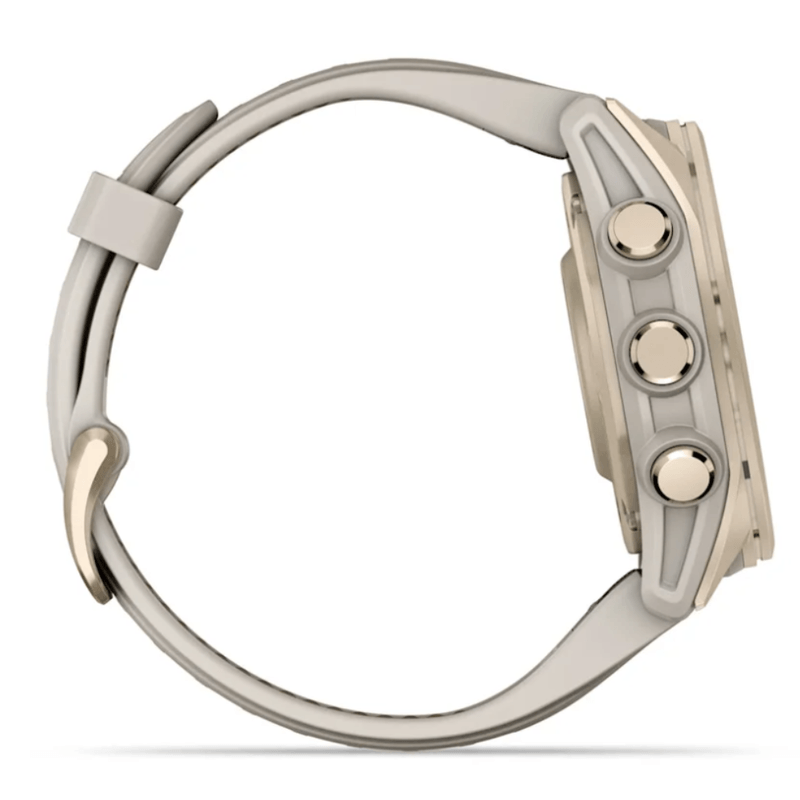 Relogio-Garmin-Fenix-8S-Safira-Ouro-Suave-com-Pulseira-de-Silicone-Cinza-com-Arenito