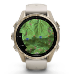 Relogio-Garmin-Fenix-8S-Safira-Ouro-Suave-com-Pulseira-de-Silicone-Cinza-com-Arenito