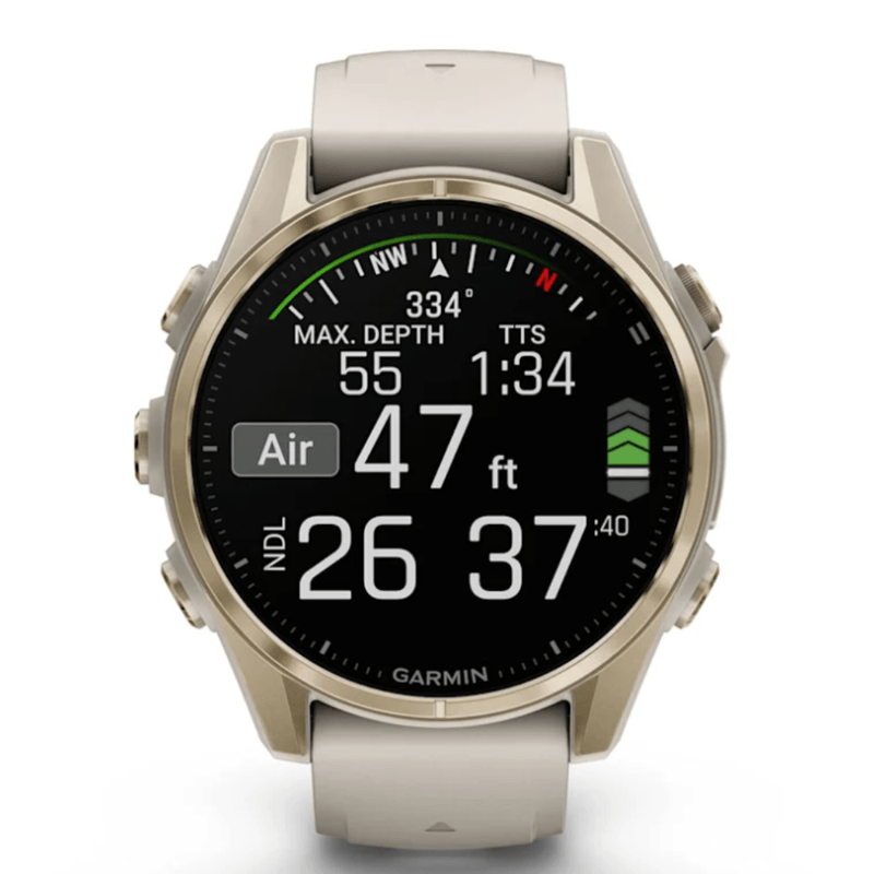 Relogio-Garmin-Fenix-8S-Safira-Ouro-Suave-com-Pulseira-de-Silicone-Cinza-com-Arenito
