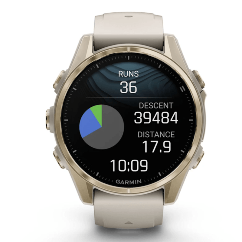 Relogio-Garmin-Fenix-8S-Safira-Ouro-Suave-com-Pulseira-de-Silicone-Cinza-com-Arenito