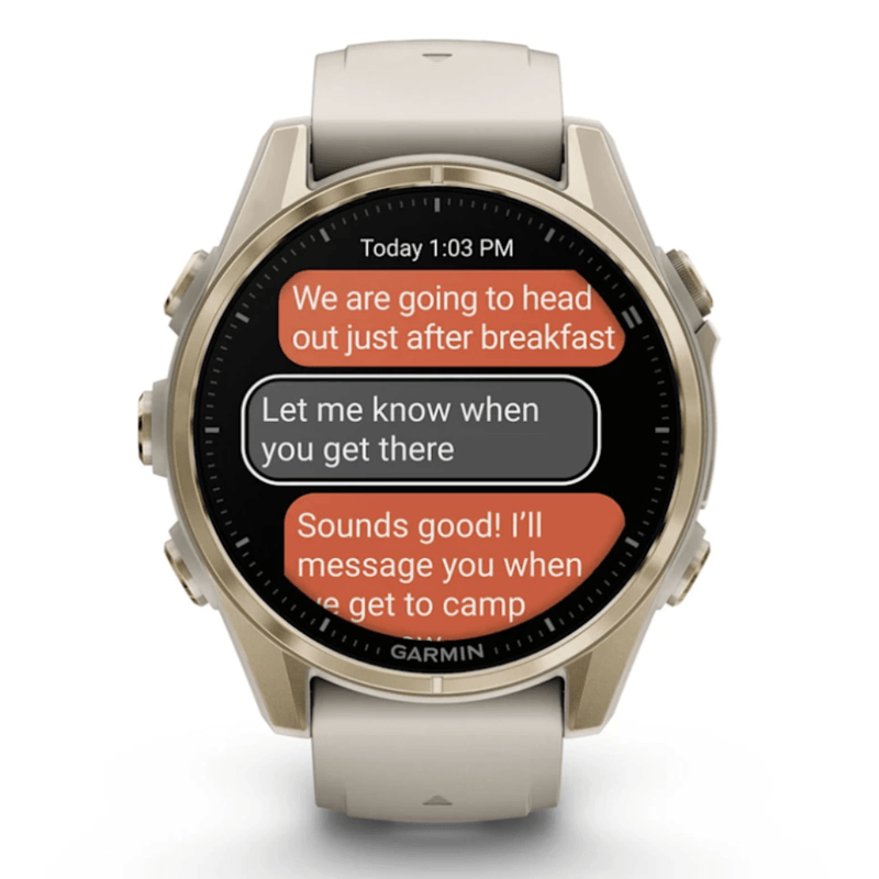 Relogio-Garmin-Fenix-8S-Safira-Ouro-Suave-com-Pulseira-de-Silicone-Cinza-com-Arenito