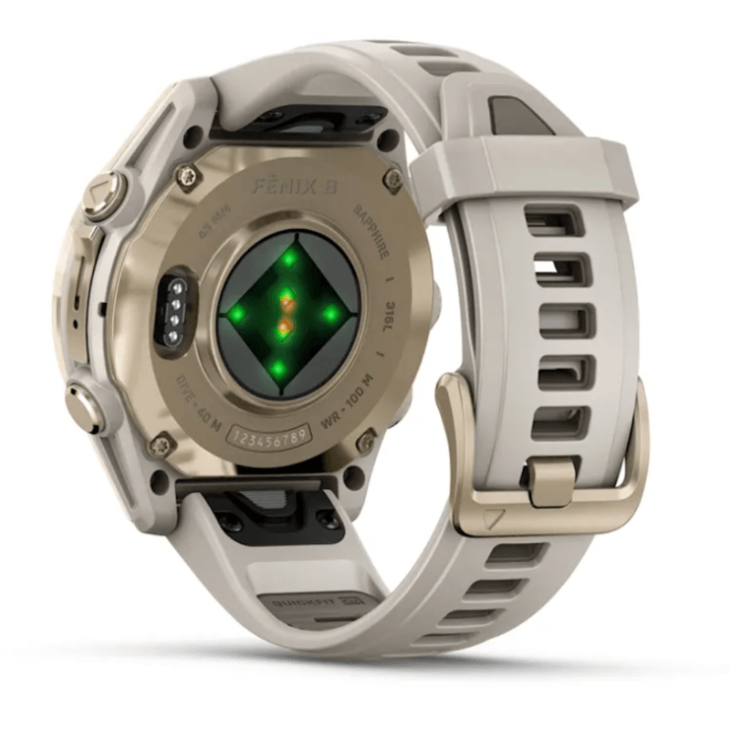 Relogio-Garmin-Fenix-8S-Safira-Ouro-Suave-com-Pulseira-de-Silicone-Cinza-com-Arenito