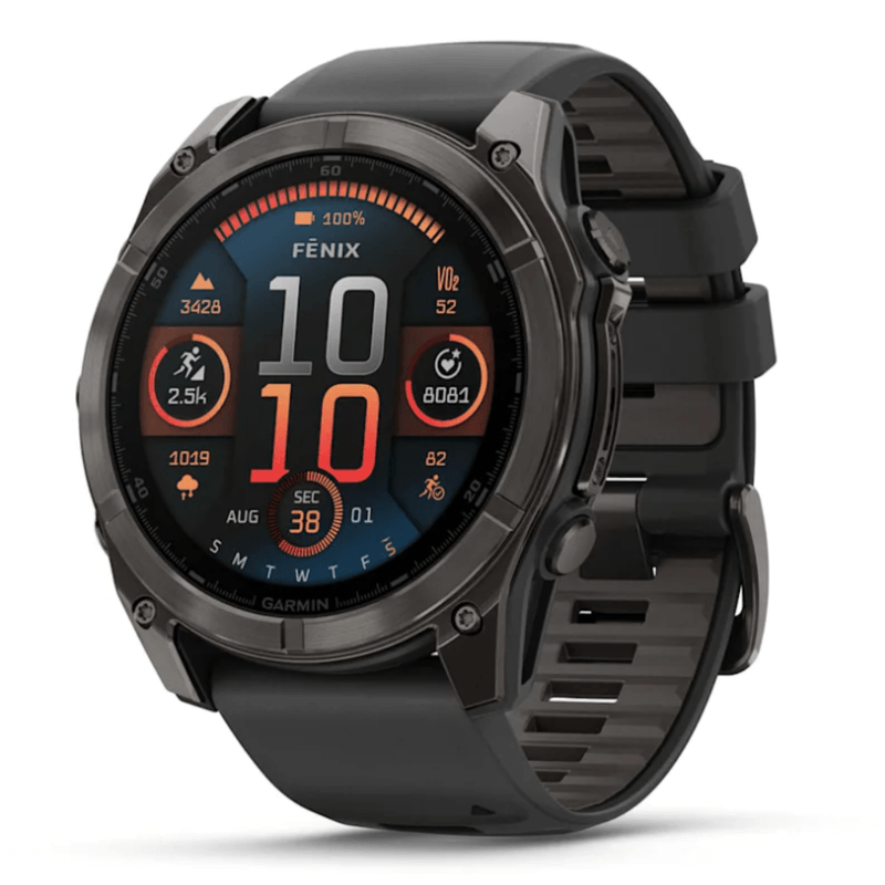 Relogio-Garmin-Fenix-8X-Safira-Carbon-Gray-DLC-Titanio-com-Pulseira-de-Silicone-Preta-com-Cinza