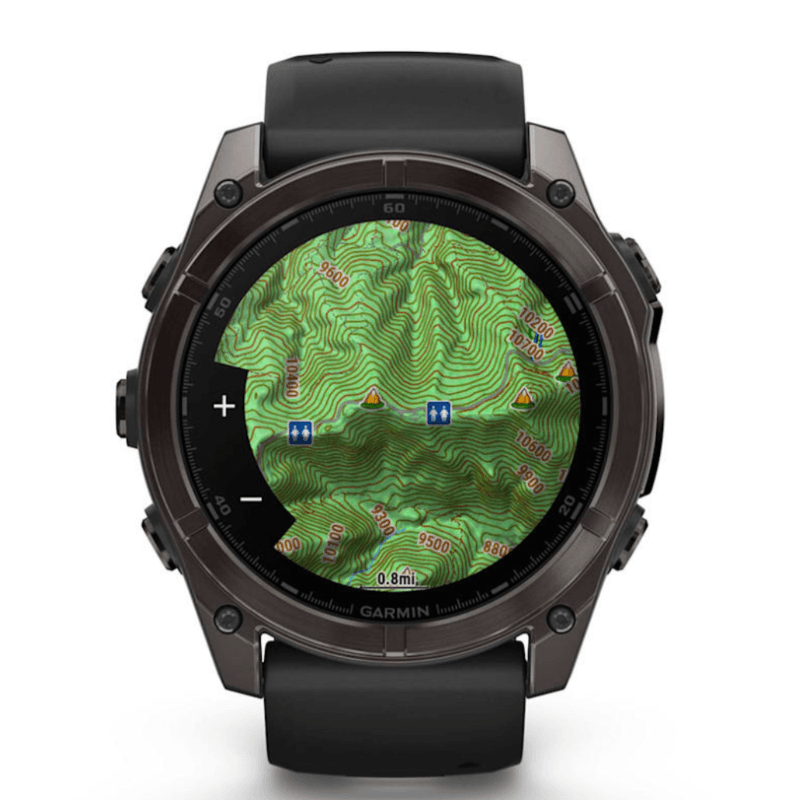 Relogio-Garmin-Fenix-8X-Safira-Carbon-Gray-DLC-Titanio-com-Pulseira-de-Silicone-Preta-com-Cinza