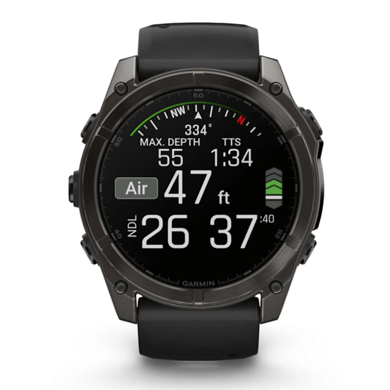 Relogio-Garmin-Fenix-8X-Safira-Carbon-Gray-DLC-Titanio-com-Pulseira-de-Silicone-Preta-com-Cinza