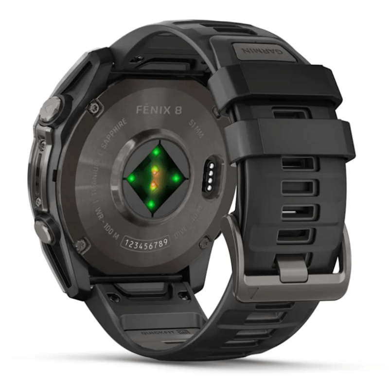 Relogio-Garmin-Fenix-8X-Safira-Carbon-Gray-DLC-Titanio-com-Pulseira-de-Silicone-Preta-com-Cinza