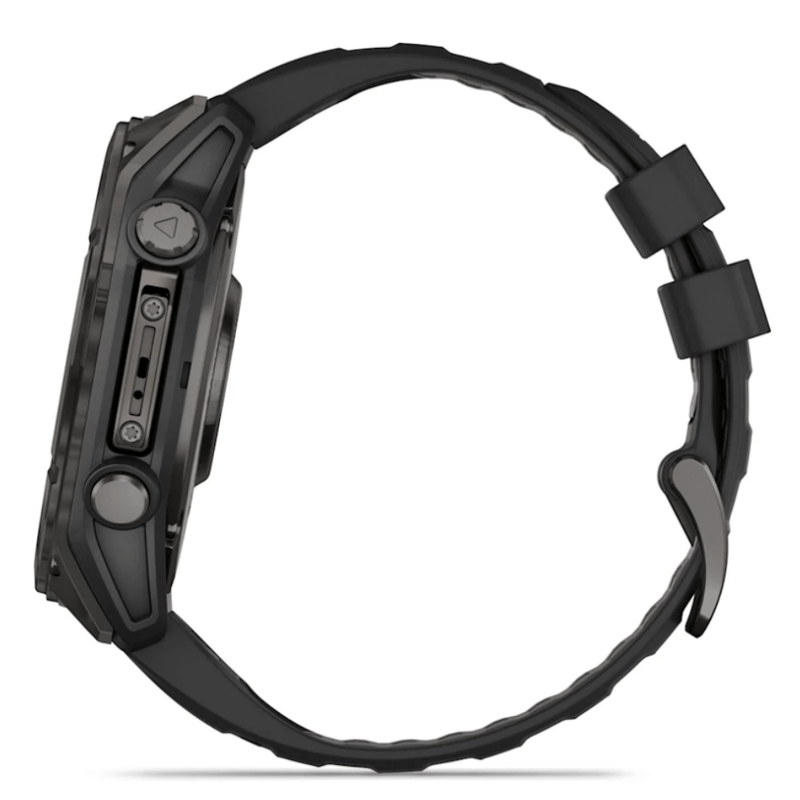Relogio-Garmin-Fenix-8X-Safira-Carbon-Gray-DLC-Titanio-com-Pulseira-de-Silicone-Preta-com-Cinza