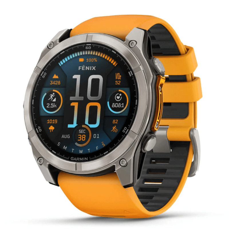 Relogio-Garmin-Fenix-8X-Safira-Titanio-com-Pulseira-de-Silicone-Laranja-com-Grafite