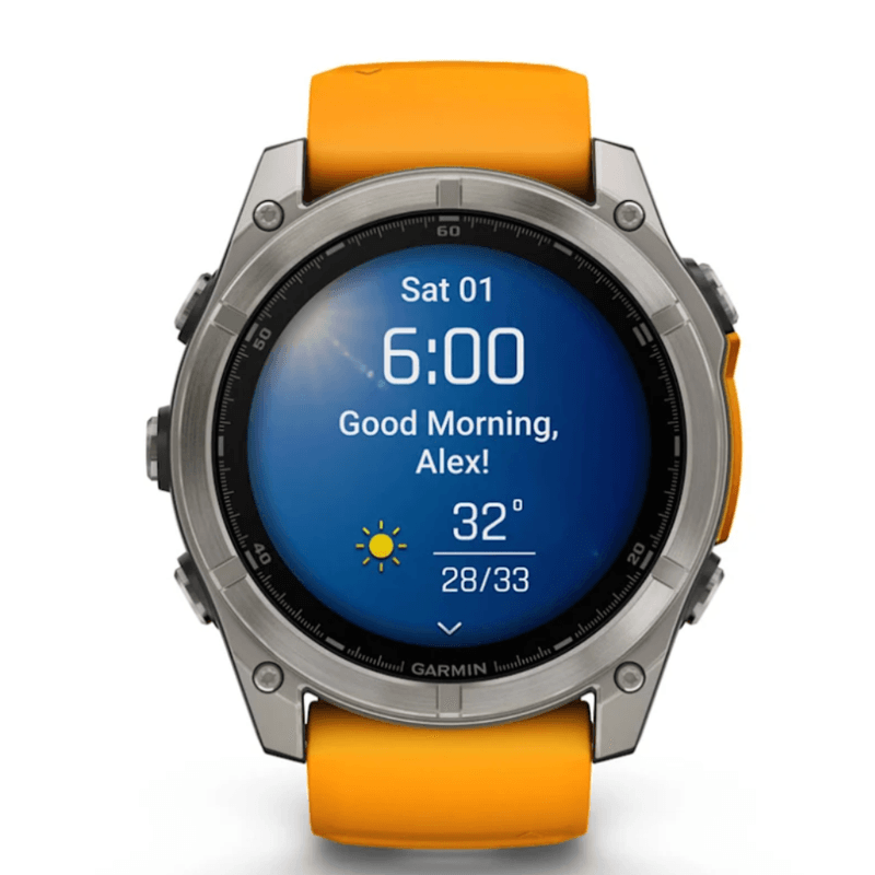 Relogio-Garmin-Fenix-8X-Safira-Titanio-com-Pulseira-de-Silicone-Laranja-com-Grafite