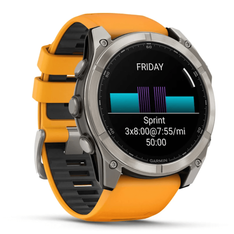 Relogio-Garmin-Fenix-8X-Safira-Titanio-com-Pulseira-de-Silicone-Laranja-com-Grafite