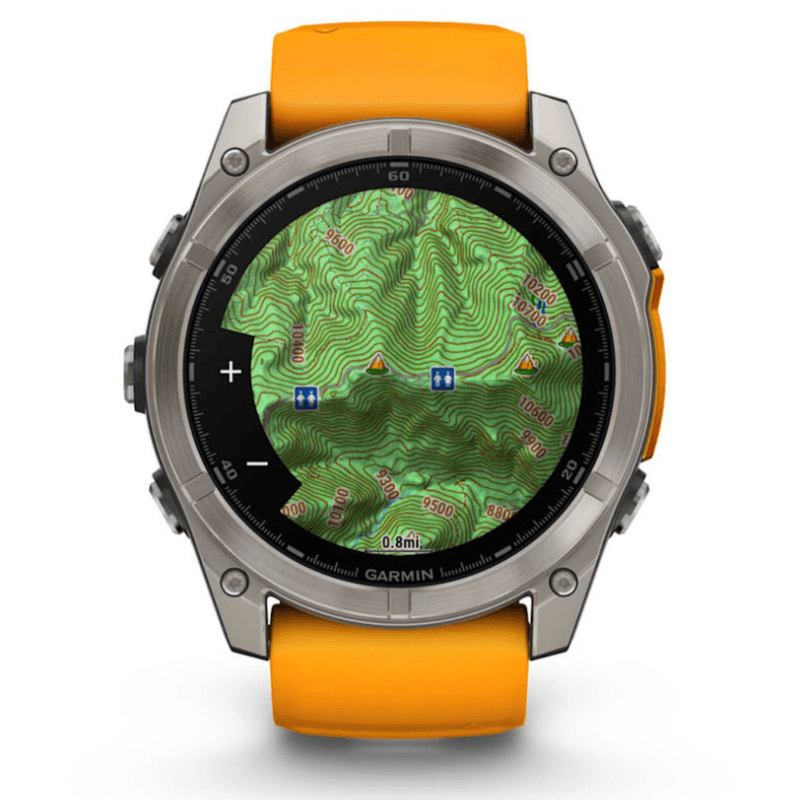 Relogio-Garmin-Fenix-8X-Safira-Titanio-com-Pulseira-de-Silicone-Laranja-com-Grafite