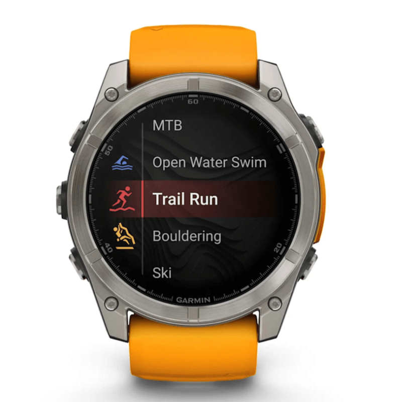 Relogio-Garmin-Fenix-8X-Safira-Titanio-com-Pulseira-de-Silicone-Laranja-com-Grafite