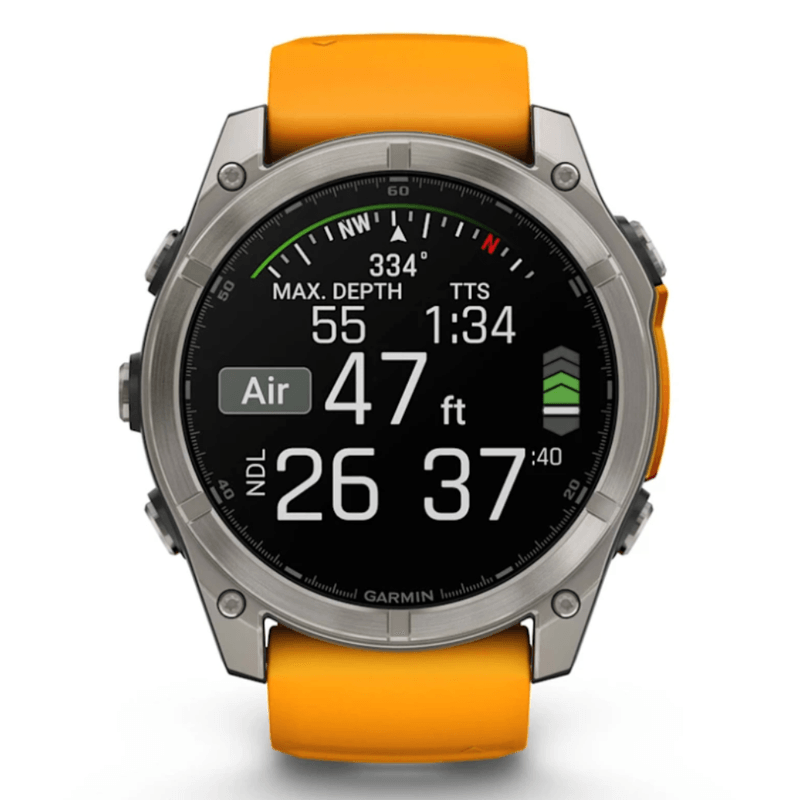 Relogio-Garmin-Fenix-8X-Safira-Titanio-com-Pulseira-de-Silicone-Laranja-com-Grafite