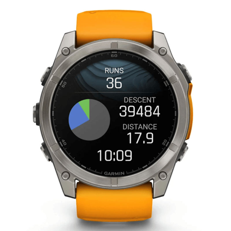 Relogio-Garmin-Fenix-8X-Safira-Titanio-com-Pulseira-de-Silicone-Laranja-com-Grafite