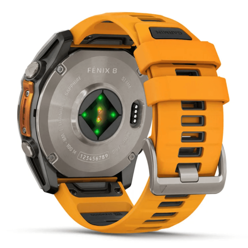 Relogio-Garmin-Fenix-8X-Safira-Titanio-com-Pulseira-de-Silicone-Laranja-com-Grafite