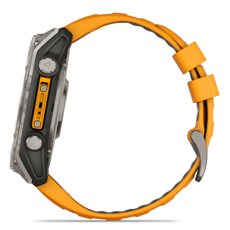 Relogio-Garmin-Fenix-8X-Safira-Titanio-com-Pulseira-de-Silicone-Laranja-com-Grafite