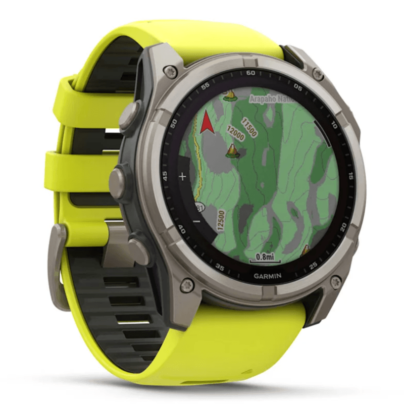 Relogio-Garmin-Fenix-8X-Safira-Solar-Titanio-com-pulseira-de-Silicone-Amarelo-com-Grafite