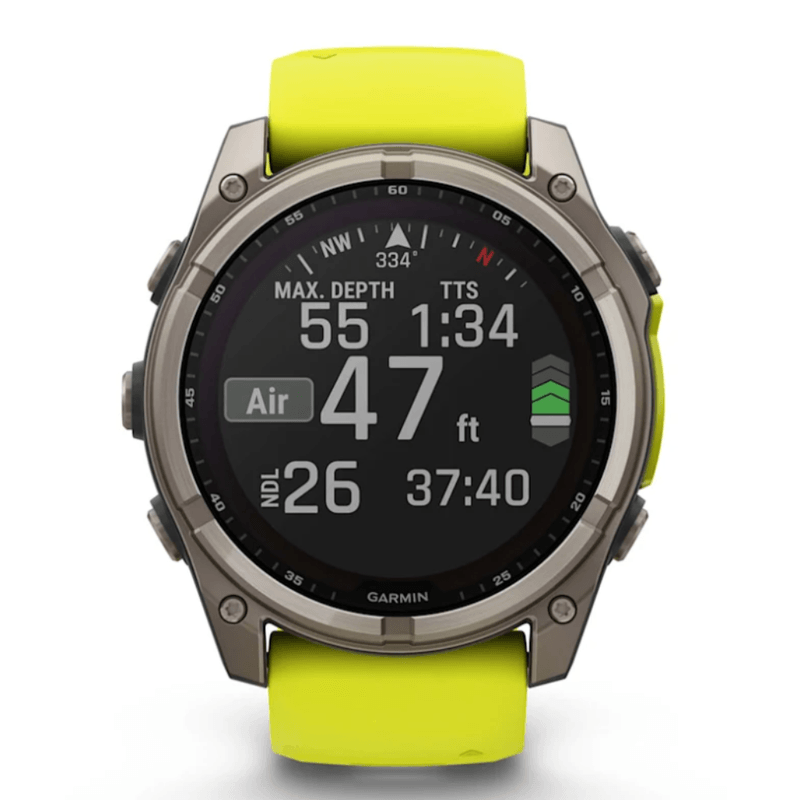 Relogio-Garmin-Fenix-8X-Safira-Solar-Titanio-com-pulseira-de-Silicone-Amarelo-com-Grafite