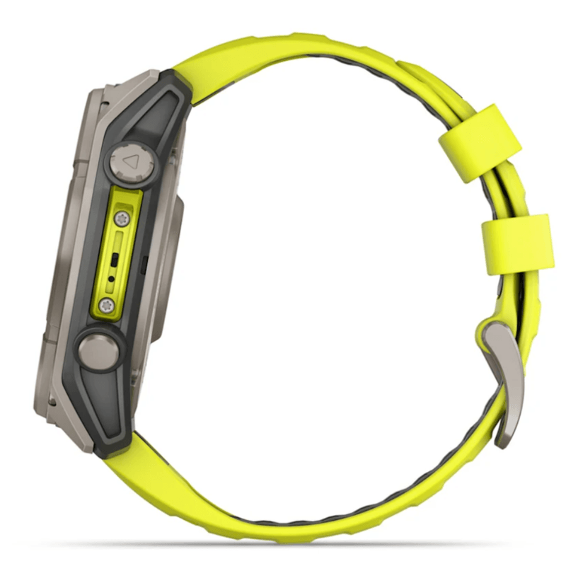 Relogio-Garmin-Fenix-8X-Safira-Solar-Titanio-com-pulseira-de-Silicone-Amarelo-com-Grafite