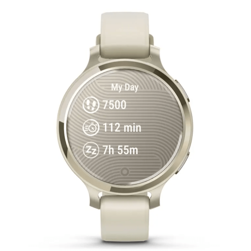 Relogio-Garmin-Lily-2-Active-Lunar-Gold-Pulseira-Branca-de-Silicone-com-Monitor-Cardiaco-de-Pulso-e-GPS