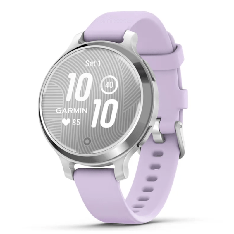 Relogio-Garmin-Lily-2-Active-Prata-Pulseira-Roxo-Jasmim-de-Silicone-com-Monitor-Cardiaco-de-Pulso-e-GPS
