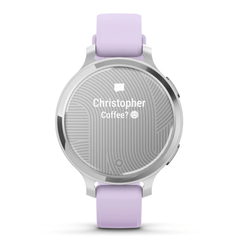 Relogio-Garmin-Lily-2-Active-Prata-Pulseira-Roxo-Jasmim-de-Silicone-com-Monitor-Cardiaco-de-Pulso-e-GPS
