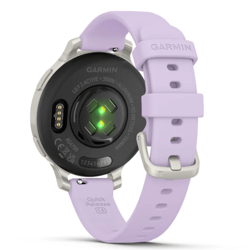 Relogio-Garmin-Lily-2-Active-Prata-Pulseira-Roxo-Jasmim-de-Silicone-com-Monitor-Cardiaco-de-Pulso-e-GPS